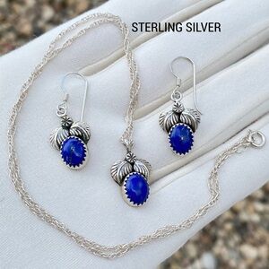 Vintage Native American Navajo Lapis Sterling Silver Leaf Necklace Earrings Set